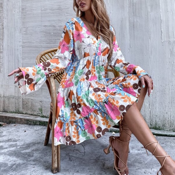 Boho Pink Floral Print Smock Ruffle Mini Dress - Picture 2 of 6